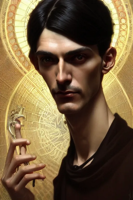 Image similar to ultra realistic, thin man in nice modern clothes, black hair, brown eyes, occult jewelry, fantasy, intricate details, eerie, highly detailed, octane render, 8 k, art by artgerm and alphonse mucha and greg rutkowski