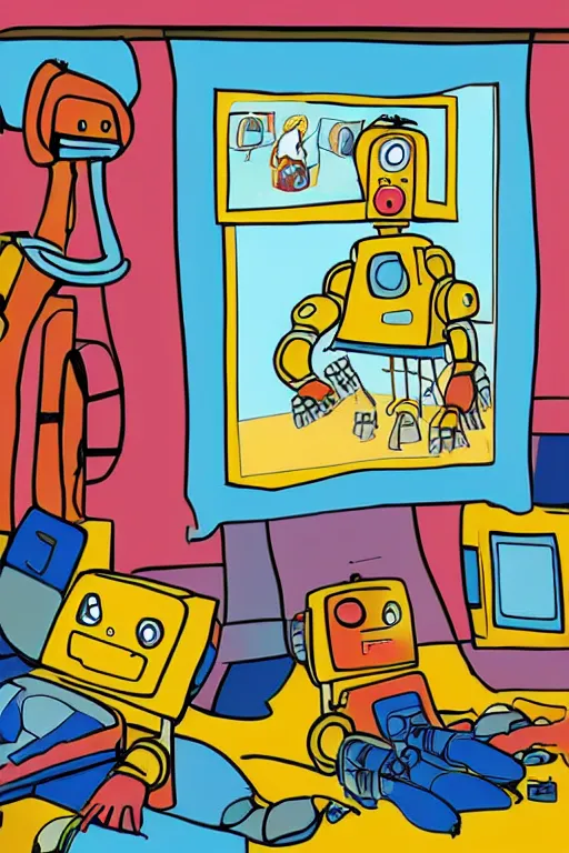 Image similar to children's book illustration of robots watching tv