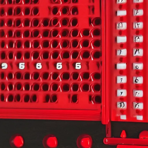 Image similar to bright red plastic computer punch card, many see - through holes in random places