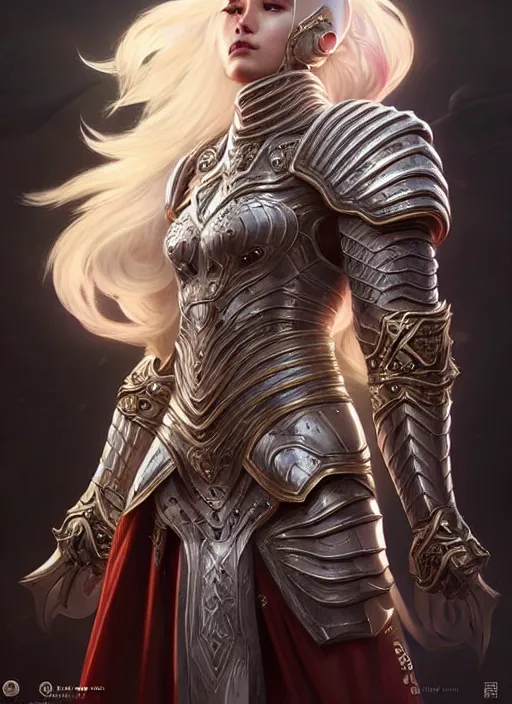 Image similar to warrior, intricate ornate opal heavy armor!!! beautiful and athletic white hair female!! gorgeous face and eyes!! character concept art, sharp focus, octane render! unreal engine 5! highly rendered!! trending on artstation!! detailed linework!! illustration by artgerm, wlop, and chie yoshii