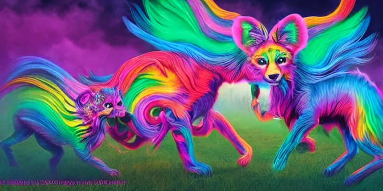 Image similar to hyperrealistic lisa frank nightmare creatures emerging from the fog