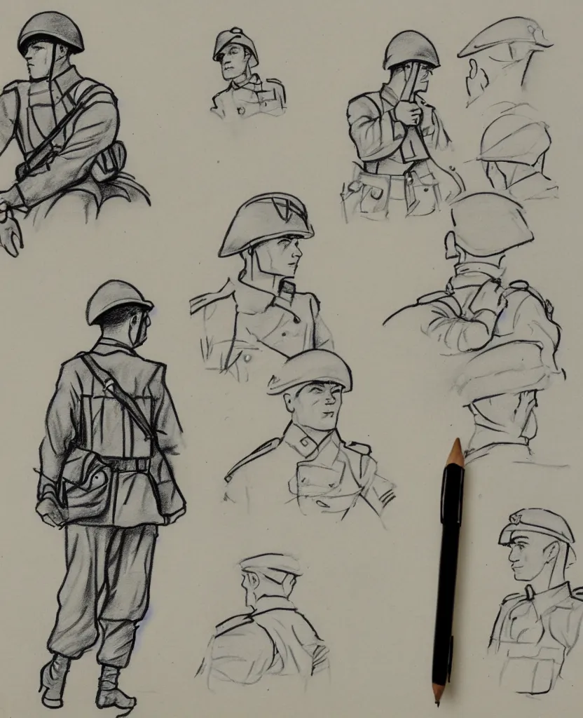 Image similar to sketchbook pages, stil frames of a drawing of a soldier from wwii writing a letter to home, stop motion, minimal, black and wite