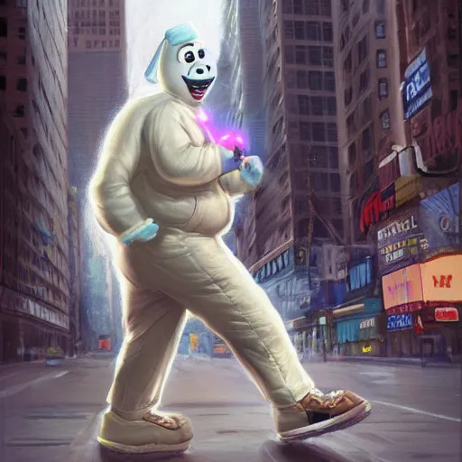 Image similar to a giant ghostbusters stay puff marshmallow man wearing timberland shoes and a yankee hat smoking a joint walking in new york city, highly detailed portrait, digital painting, artstation, concept art, smooth, sharp foccus ilustration, artstation hq
