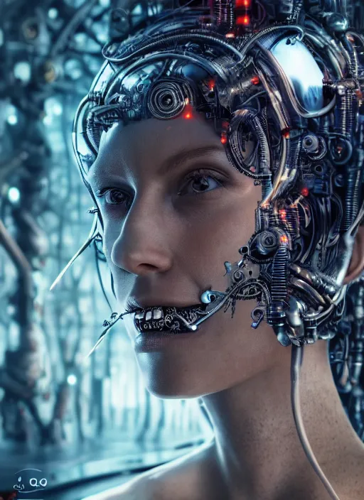 Image similar to 35mm portrait of a sophisticated intricate terminator woman's head on the background of a weird magical mechanical forest. Round gears visible inside her hear. Very detailed 8k. Fantasy cyberpunk horror. Sharp. Cinematic post-processing