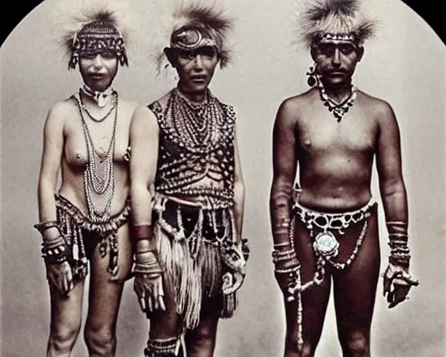 Image similar to 1 9 2 0 s colorized photographs of the lost tribes of del shoob and their amazing ornate jewelry and cyborg - like body modifications