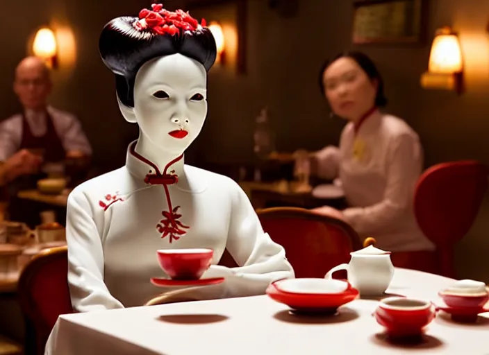 Image similar to movie still of a beautiful woman made out of porcelain sitting at a table in a cafe, wearing a red cheongsam, smooth white skin, creepy, tea set in foreground, directed by Guillermo Del Toro