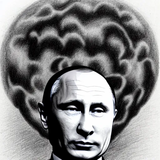 Prompt: vladimir putin wearing a nuclear mushroom cloud blast for a hat, cartoonish, ultra detailed pencil drawing, medium distance