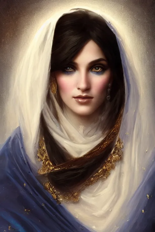 Image similar to arab ameera al taweel, bright blue eyes, long wavy black hair, white veil, front closeup, cinnamon skin color, elegant, highly detailed, centered, oil painting, artstation, concept art by tom bagshaw