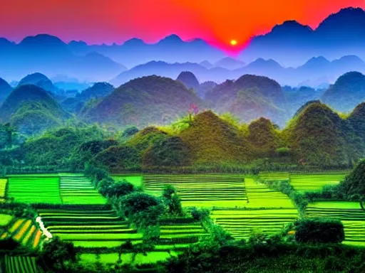 Prompt: vietnamese countryside at sunrise