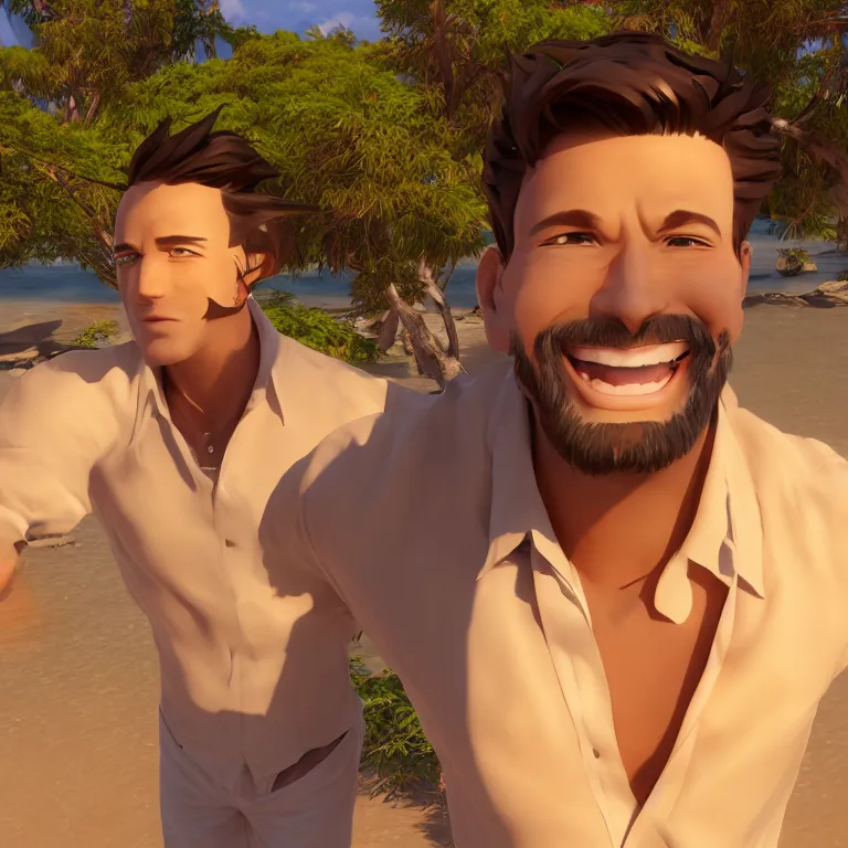 Image similar to Render of a very handsome 3d anime-style man, short hair, brown eyes, round face, cute smile, 5 o-clock shadow, open shirt, hairy chest, golden hour, serene beach setting, medium shot, mid-shot, highly detailed, trending on Artstation, Unreal Engine 4k