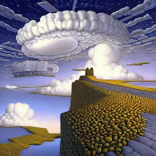 Prompt: psychdelic dreamworld in the clouds, stone cobble paths and fluffy clouds, surrealist and abstract digital art trending on artstation by artist Rob Gonsalves, Mark Riddick and Andrew Ferez n-9