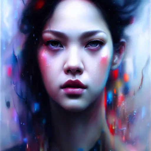 Image similar to rose of blackpink, hyperrealistic portrait, bladerunner street, by karol bak and agnes cecile, fantasy art, photo realistic, dynamic lighting, artstation, poster, volumetric lighting, very detailed face, intricate complexity, rule of thirds, 8 k, award winning