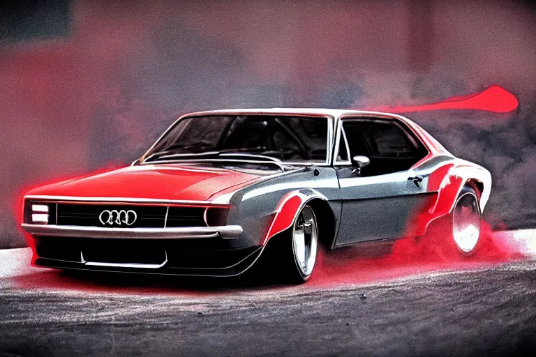 Prompt: audi camaro b 1 ( 1 9 6 9 ) drifting, phonk music background, smoke behind wheels, noise, dark, establishing shot, neon lines