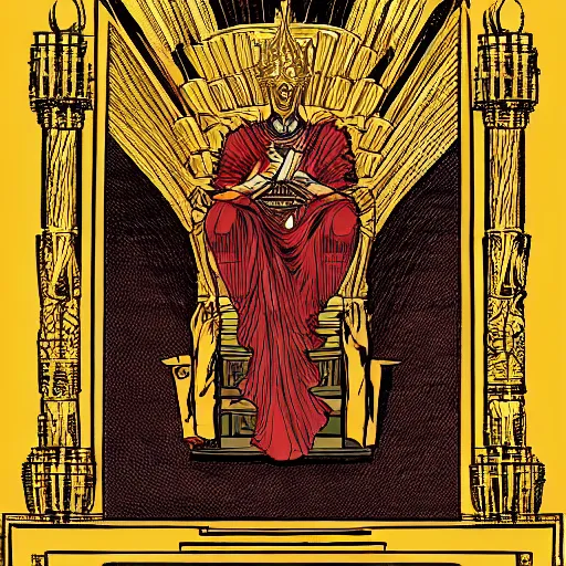 Image similar to a portrait o a god with a golden armor seated in a throne, moebius style
