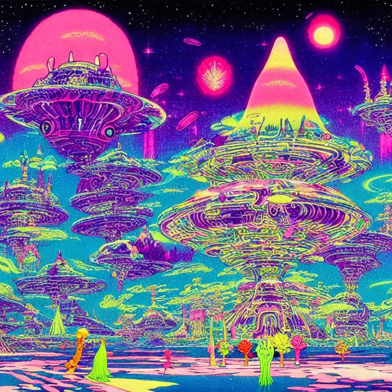 Image similar to mysterious ufo hovering over magical crystal temple, bright neon colors, highly detailed, cinematic, hiroo isono, tim white, philippe druillet, roger dean, lisa frank, aubrey beardsley