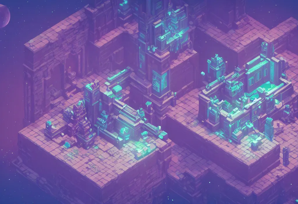 Image similar to isometric magicavoxel bloodborne no mans sky large room, highly detailed, vaporwave, cinematic lighting, 4 k