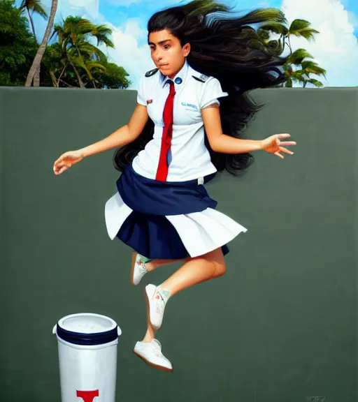 Prompt: portrait of an Italian Mexican teen female schoolgirl wearing a navy and white sepuku uniform and jumping outside a green trashbin in Kalakaua avenue in Waikiki, intricate, elegant, highly detailed, centered, digital painting, artstation, concept art, smooth, sharp focus, illustration, by Peter Mohrbacher, WLOP