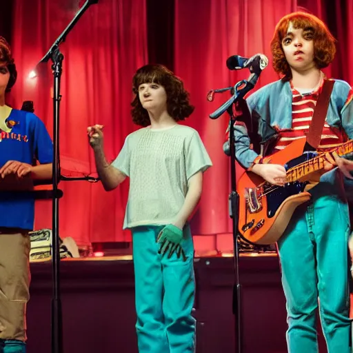 Prompt: the cast of Stranger Things playing as a band on stage