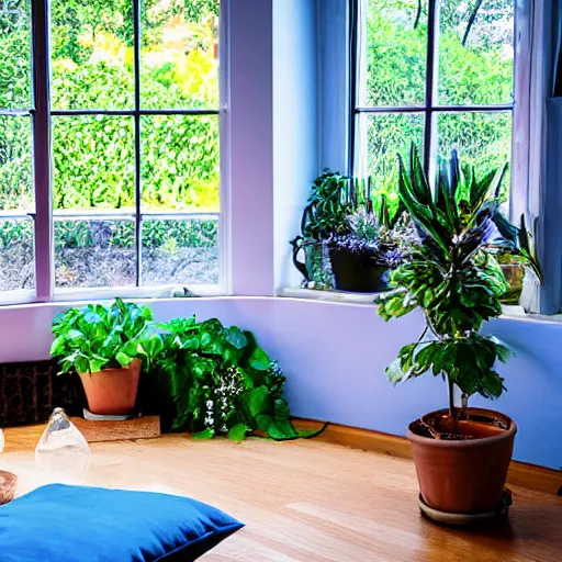 Image similar to old calico cat laying in the sun on thin blue cushion in bay window next to potted plants, professional photography