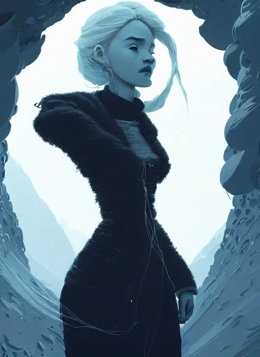 Image similar to highly detailed portrait of a hopeful frostpunk long blonde hair lady with robotic limbs, stray wiring by atey ghailan, james gilleard, by joe fenton, by greg rutkowski, by greg tocchini, by kaethe butcher, 4 k resolution, gradient blue, black and white color scheme!!! ( ( glacier cave background ) )