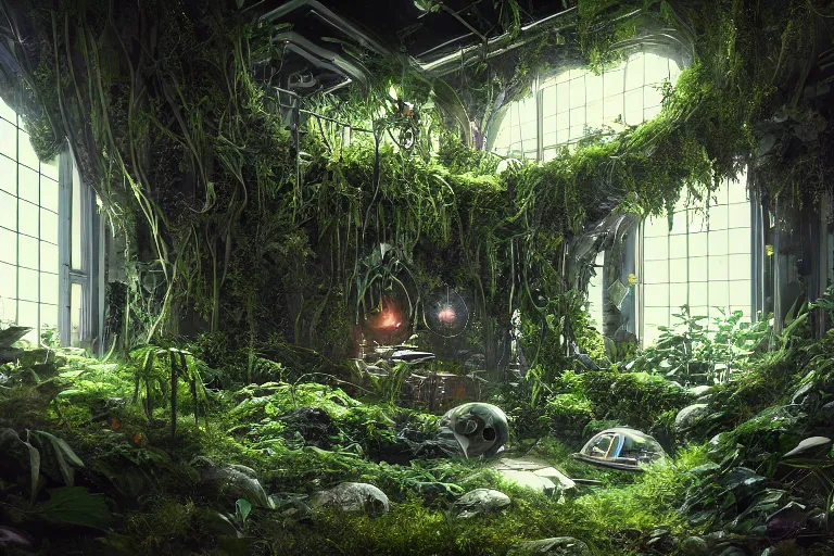 Image similar to inside a spaceship living quarters overgrown with plant life and ivy, artgerm, yoshitaka amano, gothic interior, 8 k, octane render, unreal engine