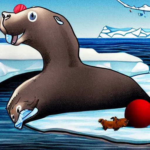 Prompt: cartoon drawing of a seal tossing a red ball with a sheep in antarctica. the seal's head is sticking out above the water and the sheep is standing near the edge of ice