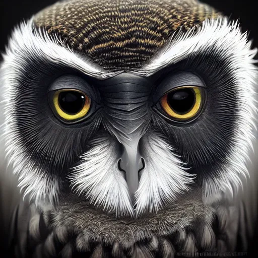 Prompt: “monkey owl with four eyes, realistic, hiperrealist, photorealist, intricate, sharp focus, cinematic lights, Artstation HQ, Deviantart trending, 4K UHD, masterpiece”