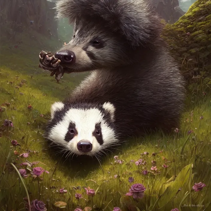 Image similar to highly detailed portrait of a cute badger, unreal engine, fantasy art by greg rutkowski, loish, rhads, ferdinand knab, makoto shinkai and lois van baarle, ilya kuvshinov, rossdraws, tom bagshaw, alphonse mucha, global illumination, radiant light, detailed and intricate environment