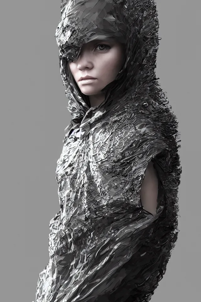 Prompt: realistic render, digital fashion, beautiful woman in tactical poncho designed by alexander mcqueen and acronym, rim light, high key, ultra detailed, hyperdetailed, dark backdrop, trending on artstation