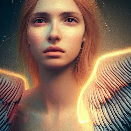 Image similar to closeup portrait art of female angel, art by alessio albi 8 k ultra realistic, angel wings, lens flare, atmosphere, glow, detailed, intricate, full of colour, led lighting, trending on artstation, 4 k, hyperrealistic, focused, extreme details, unreal engine 5, masterpiece