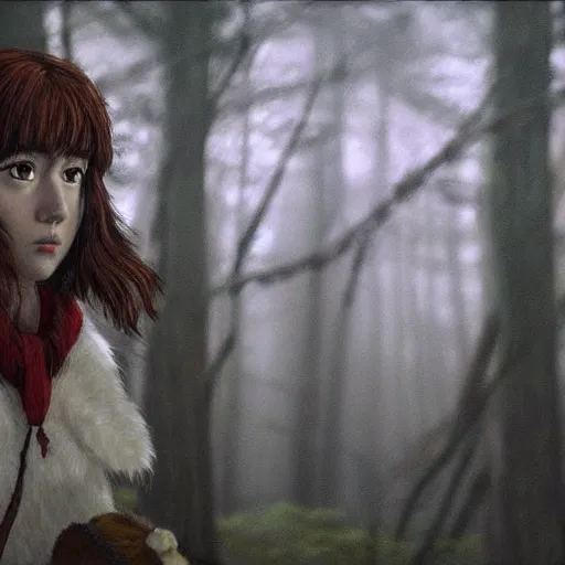 Image similar to mary elizabeth winstead as princess mononoke, still frame, sharp focus, art by cinematic