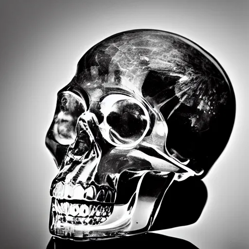 Prompt: A photograph of a crystal skull. Film Noir. High Contrast. Black and White.