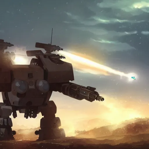 Image similar to a mech with guns on each arm preparing for combat, battlefield, dead trees, fire, smoke, dark clouds, slightly sunny, ominous, intense, epic, extremely detailed, cinematic lighting, studio ghibli, anime,