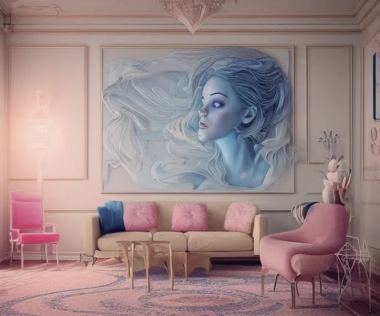 Prompt: 1 9 8 0 s living room by charlie bowater and anna dittmann and artgerm and clemens ascher, intricate, elegant, beige and blue and pink mist, highly detailed, dramatic lighting, sharp focus, octane render, trending on artstation, artstationhd, artstationhq, unreal engine, 4 k, 8 k