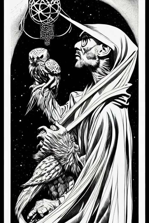 Image similar to side view of majestic alchemists cloaked wizard holding his pet owl on his glove, high details, bold line art, by vincent di fate and joe fenton, inking, etching, screen print, masterpiece, trending on artstation, sharp, high contrast, hyper - detailed,, hd, 4 k, 8 k