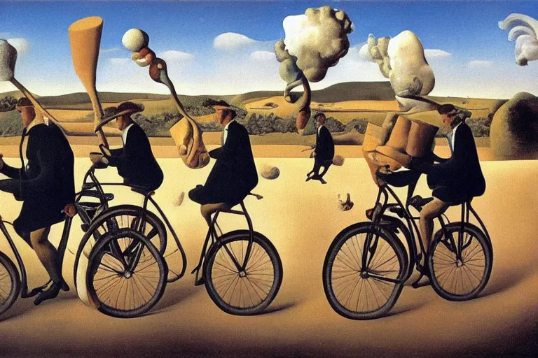 Image similar to a surrealist painting of people riding bikes with baguettes on their heads, Dali, Magritte