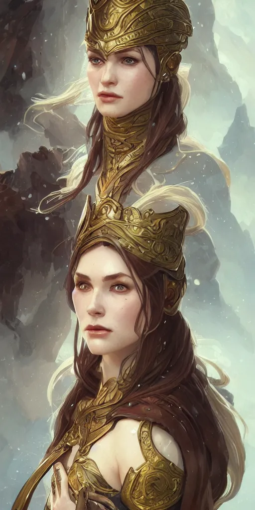 Image similar to a portrait of Norse queen, highly detailed, digital painting, artstation, concept art, sharp focus, illustration, art by artgerm and greg rutkowski and alphonse mucha