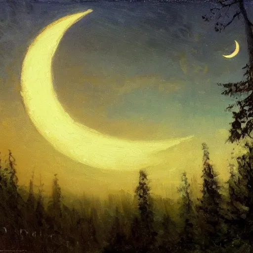 Prompt: close-up, cinematic, the crescent Moon in the sky, above the night forest, soft lighting, oil on canvas, by Perov, by Levitan, masterpiece, trending on artstation, cinematic composition, beautiful lighting, sharp, details, hyper-detailed, HD