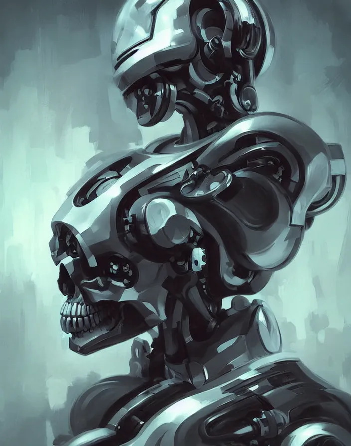 Image similar to skull - headed robot cyborg painting, illutstration, concept art, cyberpunk, futurism, comics art, artgerm, full body shot, wide angle