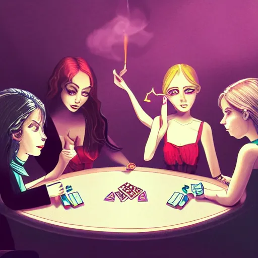 Image similar to a illustration of female angels playing poker and smoking, trending on artstation, cinematic