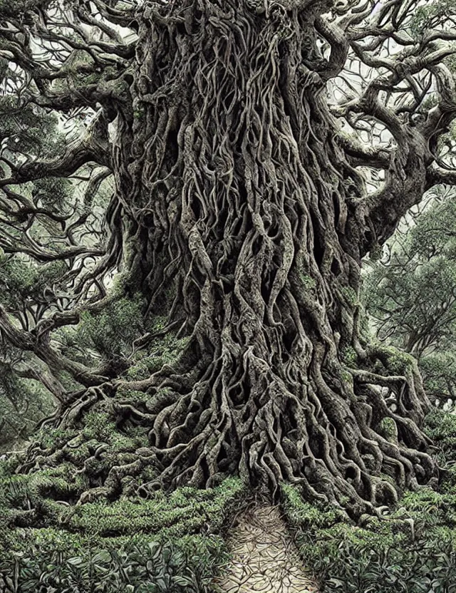 Image similar to an ancient tree with gnarled roots on a hill and rivulets of water running down in a maze by james jean and pascal blanche