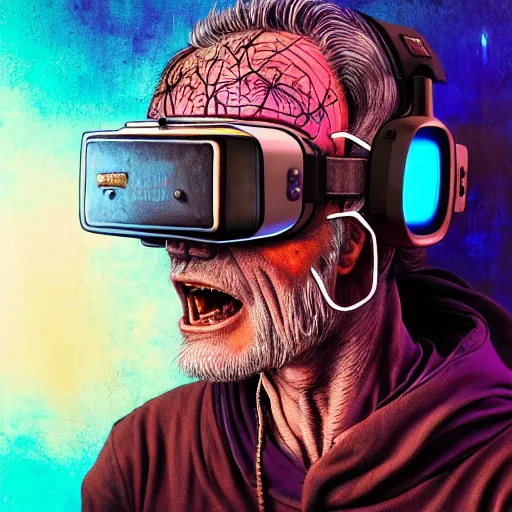 Image similar to Colour Photography of 1000 years old man with highly detailed 1000 years old face wearing higly detailed cyberpunk VR Headset designed by Josan Gonzalez Many details. Man raging screaming . In style of Josan Gonzalez and Mike Winkelmann andgreg rutkowski and alphonse muchaand Caspar David Friedrich and Stephen Hickman and James Gurney and Hiromasa Ogura. Rendered in Blender