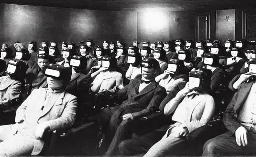 Image similar to 1 9 0 0 s photo of people wearing virtual reality headsets vr in a movie theater masterpiece old photograph