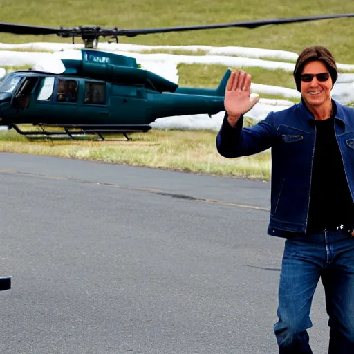 Image similar to Tom Cruise waving to fans. He's wearing bluejeans and a green jacket, Ralph Lauren. A helicopter is in the background. Shallow depth of field