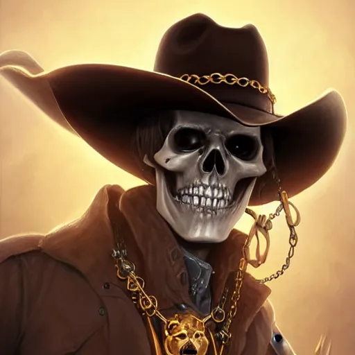 Prompt: a skeleton wearing a cowboy hat and a golden chain around the neck,Character design by charlie bowater, ross tran, artgerm, and makoto shinkai, detailed, inked, western comic book art, 2021 award winning painting,digital art,ultra realistic,ultra detailed,art by greg rutkowski,detailed face,photorealistic,hyperdetailed