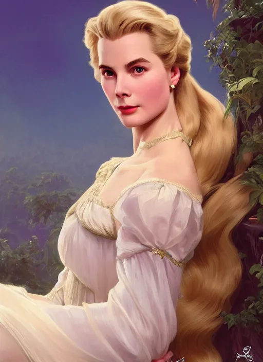 Image similar to Grace Kelly with ridiculously long hair as Rapunzel, western, D&D, fantasy, intricate, elegant, highly detailed, digital painting, artstation, concept art, matte, sharp focus, illustration, art by Artgerm and Greg Rutkowski and Alphonse Mucha, masterpiece, stunning, artstation