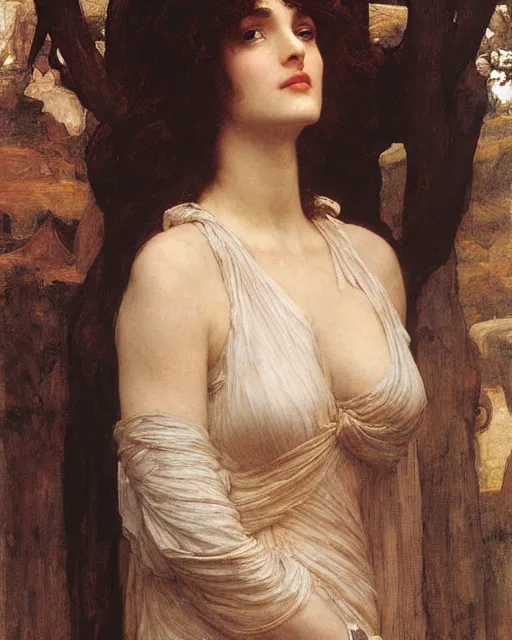 Prompt: portrait en buste of winona ryder in repose by John William Waterhouse, Frederic Leighton, true-to-life, flowing realistic fabric, abundant detail