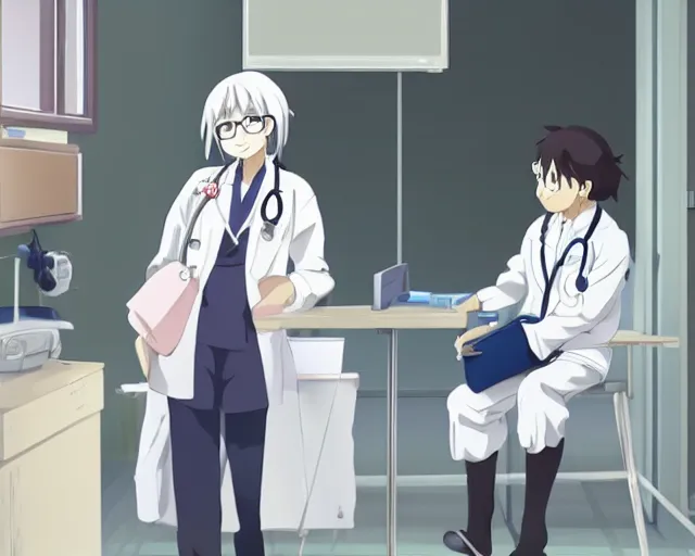 Image similar to a cute young female doctor wearing white coat are talking with an old surgeon in a hospital, slice of life anime, lighting, anime scenery by Makoto shinkai