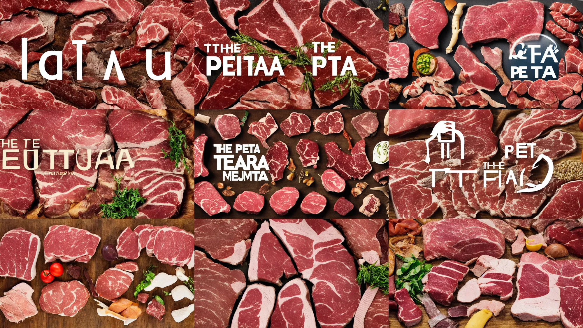 Prompt: The logo for PETA, made from different cuts of meat