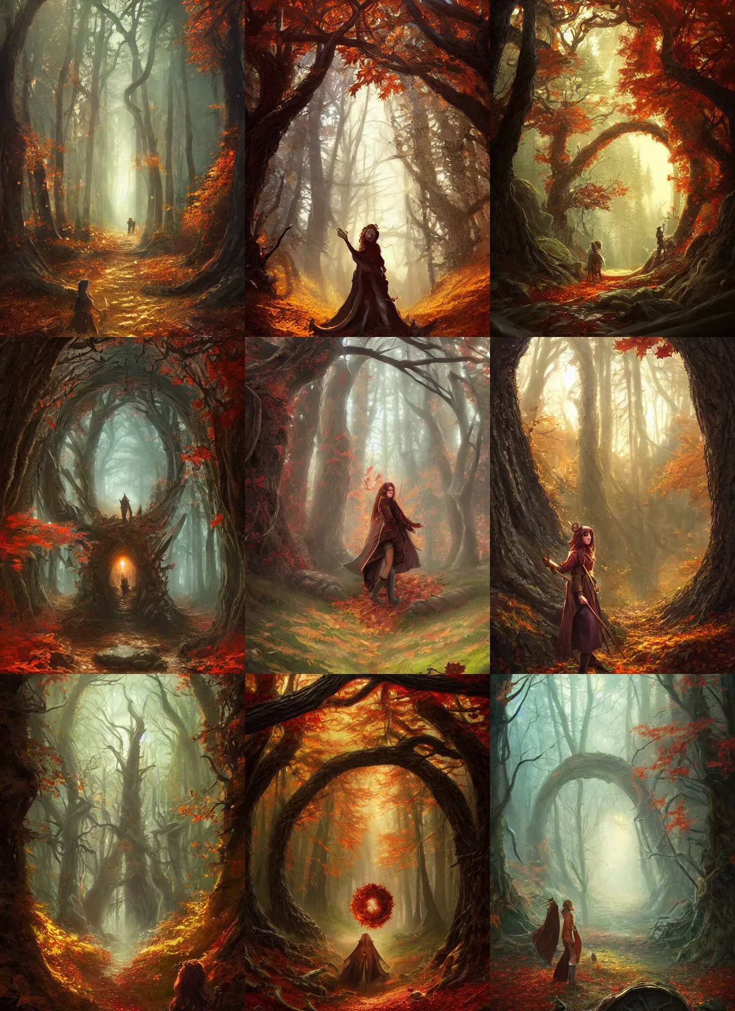 Image similar to magical autumnal forest portal, d & d, fantasy, portrait, highly detailed, digital painting, trending on artstation, concept art, sharp focus, illustration, art by artgerm and greg rutkowski and magali villeneuve